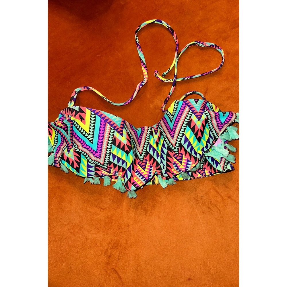 Vintage circa 2014, Neon Aztec, Fringe Bikini Top, Size Large - Picture 2 of 16